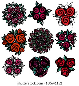 Colored floral tattoos set - isolated on white background - vector illustration