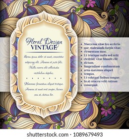 Colored Floral Template with Place for Text.  Dark Vintage Layout, Corporate Greeting Card, Invitation, Cover Page etc. Beautiful Flowers, Leaves and Swirls. Vector Contour Illustration. Editable