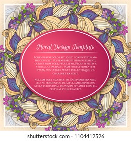 Colored Floral Template with Place for Text. Light Vintage Layout, Corporate Greeting Card, Invitation, Cover Page etc. Beautiful Flowers, Leaves and Swirls. Vector Contour Illustration. Editable