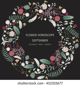 Colored floral wreath with carnation, aster and heather