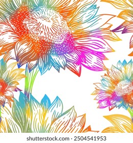 Colored flower seamless background. hand drawing. Not AI, Vector illustration.