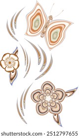Colored flower shapes and butterflies for prints, textiles, websites, postcards, invitations.