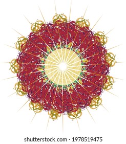 Colored flower or star splashes on white for holidays and events. Blossoming detailed flower the form of a circle for backgrounds and textures, textiles, wallpaper, prints, cards, etc.