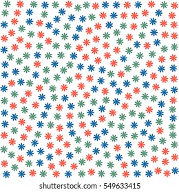 colored flowers. abstract stars. three colors of red, blue, green. white background. vector illustration.