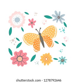 Colored flowers and butterfly isolated on white background.