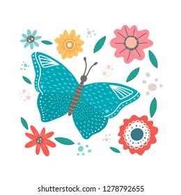 Colored flowers and butterfly isolated on white background.