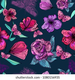 Colored flowers, butterfly silhouettes, vector seamless pattern