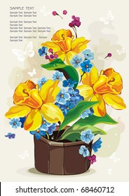 Colored flowers in a ceramic pot on light background, Elegance retro vector illustration.