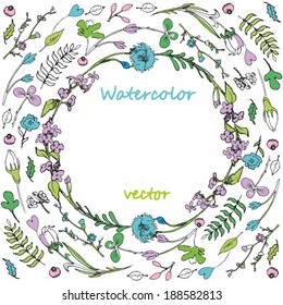 Colored flowers in a circle on a white background, frame, vector