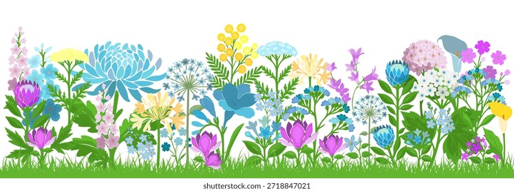 Flores de colores Horizontal fondo de hierba. Dibujado a mano. IA no, Ilustración vectorial.