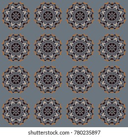 Colored flowers, Mandalas and elements in a brown, gray and black colors. Embroidery - seamless ornament. Vector print in the bohemian style. Ethnic and tribal motifs.