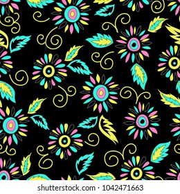 colored flowers on a black background. seamless pattern