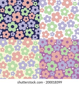 colored flowers on different backgrounds. set of seamless patterns 