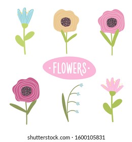 Colored flowers on an isolated background. Vector illustration. The flat pattern. Spring and summer flowers. Can be used for postcards, logo, website design, children's cosmetics, ECO, website.