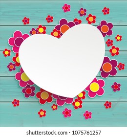 Colored flowers with paper heart on the wooden table.  Eps 10 vector file.
