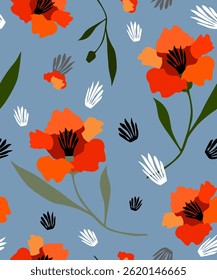 Colored flowers of poppies or peonies with branches and leaves on a colored seamless background. Botanical design. Vector.