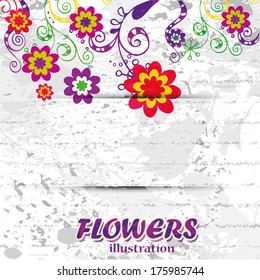 a lot of colored flowers with some branches in white background