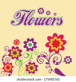 a lot of colored flowers and some text in yellow background