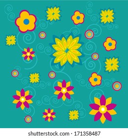 a lot of colored flowers with some texture in a blue background