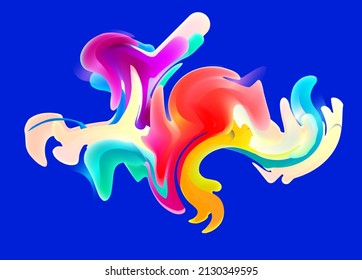 Colored fluid shapes. Spreading bright splashes on blue background. Abstract liquid design.