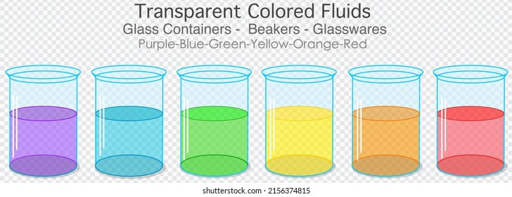 Fluidos de colores. Bebidas de vidrio, contenedores. Líquido gradual amarillo naranja azul violeta verde en vidrio, matraz. Frasco de laboratorio brillante de transparencia. Jugo de fruta colorido Ilustración trasera Vector