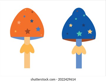 Colored fly agaric mushrooms in children's colors with stars instead of specks