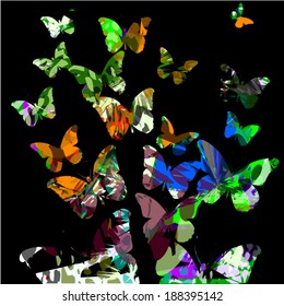 colored flying butterflies on a black background. Vector