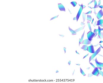 Colored flying confetti decoration vector illustration. Blue  hologram particles carnival decor. Surprise burst party confetti. Holiday celebration decor background. Random pieces.