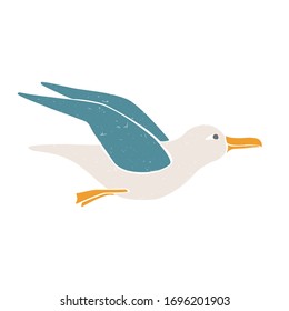 Colored flying gull isolated on transparent background. Colorful pictogram original design. Vector shabby hand drawn illustration