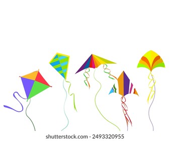 Colored flying kites, banner poster with kids toys in sky. Vector of sankranti festive, summer high soar, recreation and freedom activity, festival celebration illustration