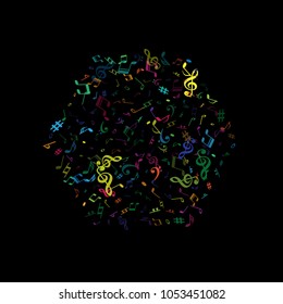 Colored flying musical notes isolated on black backdrop. Child musical notation symphony signs, notes for sound and tune music. Vector symbols for melody recording, print design or back layers.