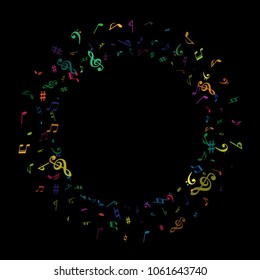 Colored flying musical notes isolated on black backdrop. Contrast musical notation symphony signs, notes for sound and tune music. Vector symbols for melody recording, print design and back layers.