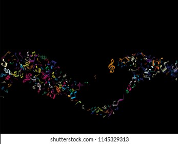 Colored flying musical notes isolated on black backdrop. Childish musical notation symphony signs, notes for sound and tune music. Vector symbols for melody recording, print design and back layers.