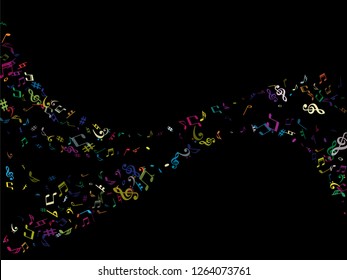 Colored flying musical notes isolated on black background. Stylish musical notation symphony signs, notes for sound and tune music. Vector symbols for melody recording, print design or back layers.
