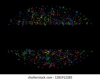 Colored flying musical notes isolated on black background. Contrast musical notation symphony signs, notes for sound and tune music. Vector symbols for melody recording, print design and back layers.