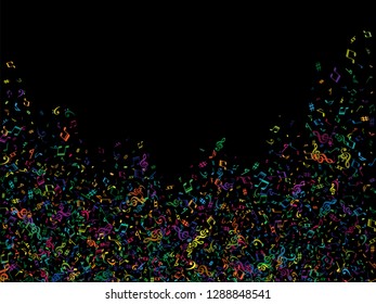 Colored flying musical notes isolated on black backdrop. Fresh musical notation symphony signs, notes for sound and tune music. Vector symbols for melody recording, print design and back layers.