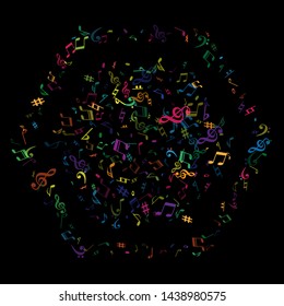 Colored flying musical notes isolated on black background. Cute musical notation symphony signs, notes for sound and tune music. Vector symbols for melody recording, print design or back layers.