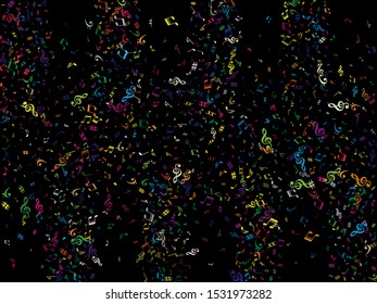 Colored flying musical notes isolated on black background. Stylish musical notation symphony signs, notes for sound and tune music. Vector symbols for melody recording, print design or back layers.