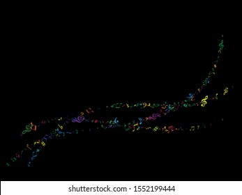 Colored flying musical notes isolated on black backdrop. Cute musical notation symphony signs, notes for sound and tune music. Vector symbols for melody recording, print design and back layers.