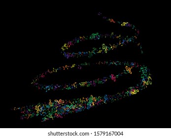 Colored flying musical notes isolated on black background. Rainbow musical notation symphony signs, notes for sound and tune music. Vector symbols for melody recording, print design or back layers.