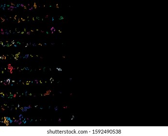 Colored flying musical notes isolated on black background. Fresh musical notation symphony signs, notes for sound and tune music. Vector symbols for melody recording, print design and back layers.