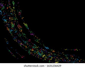 Colored flying musical notes isolated on black backdrop. Rainbow musical notation symphony signs, notes for sound and tune music. Vector symbols for melody recording, print design or back layers.