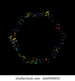 Colored flying musical notes isolated on black backdrop. Contrast musical notation symphony signs, notes for sound and tune music. Vector symbols for melody recording, print design and back layers.