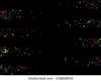 Colored flying musical notes isolated on black background. Fun musical notation symphony signs, notes for sound and tune music. Vector symbols for melody recording, print design and back layers.