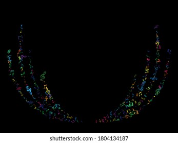 Colored flying musical notes isolated on black backdrop. Fresh musical notation symphony signs, notes for sound and tune music. Vector symbols for melody recording, print design and back layers.