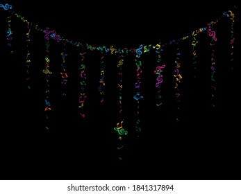 Colored flying musical notes isolated on black backdrop. Fun musical notation symphony signs, notes for sound and tune music. Vector symbols for melody recording, print design and back layers.
