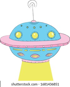 Colored flying saucer with contours on a white background