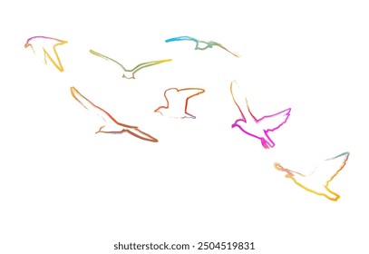 colored flying seagulls. hand drawing. Not AI. Vector illustration.