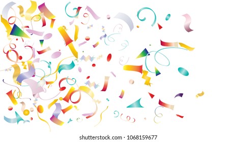 Colored Foil Confetti Falling Down, Cool Stars, Tinsel. Christmas, Birthday Party, New Year Celebration Background. Gift Voucher Sale Golden Tinsel Texture. Noble Colorful Foil Confetti Border.