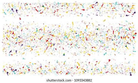 Colored Foil Confetti Falling Down, Cool Stars, Tinsel. Funky Christmas, Birthday Party, New Year Winter Background. Gift Voucher Sale Golden Tinsel Texture. Noble Colorful Foil Confetti Border.